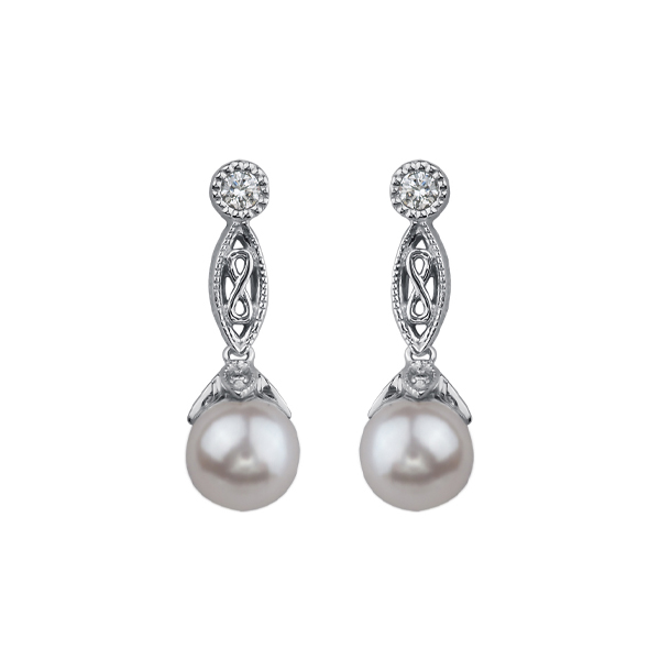 6mm Pearl and Diamond Drop Earrings in 14K White Gold (0.095 CT. T.W.)