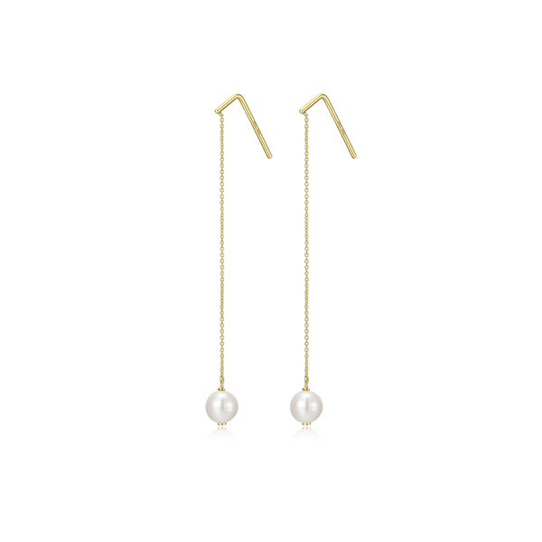 6mm Genuine Pearl Long Chain Earrings - Gold