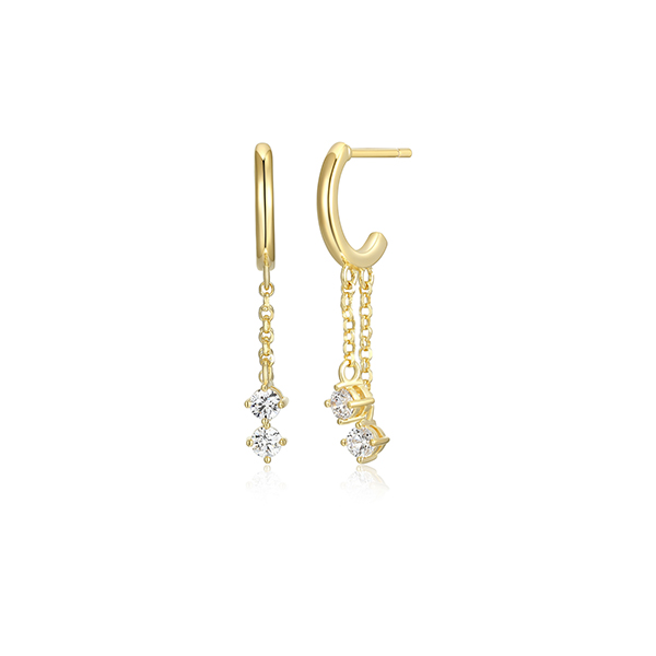 Diamondlite Cubic Zirconia Double Round Chain Drop Half Huggie Earrings - Gold