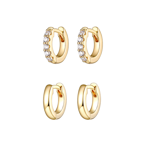 Diamondlite Cubic Zirconia & Solid Set of Two 3mm Hoop Earrings - Gold
