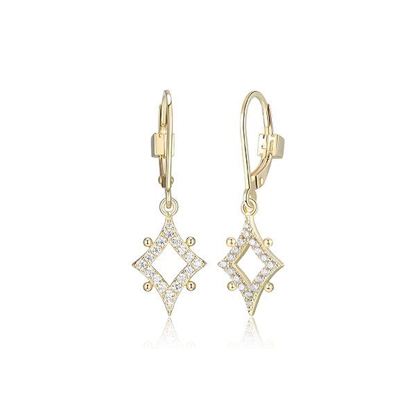 E32LCJQ-Y "Stellar" Sterling Silver Gold Plated Plain Rhombus with Pave Cubic Zirconia Dangle Earrings