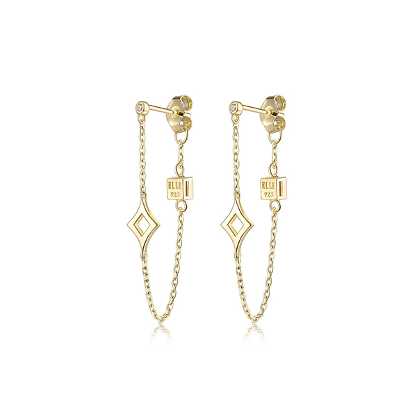 E32LCJS-Y "Stellar" Sterling Silver Gold Plated Plain Rhombus with Cubic Zirconia Stud and Chain Earrings