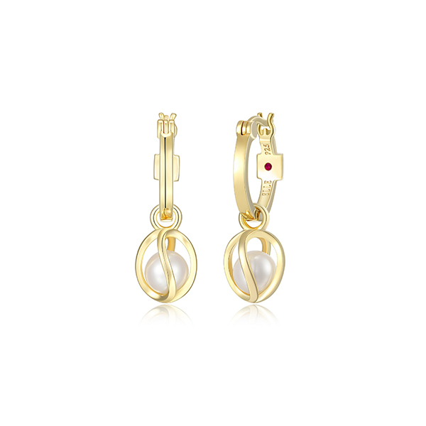 E32LCQF-Y "Luna" Sterling Silver White Pearl and Cage 15mm Hoop Earrings