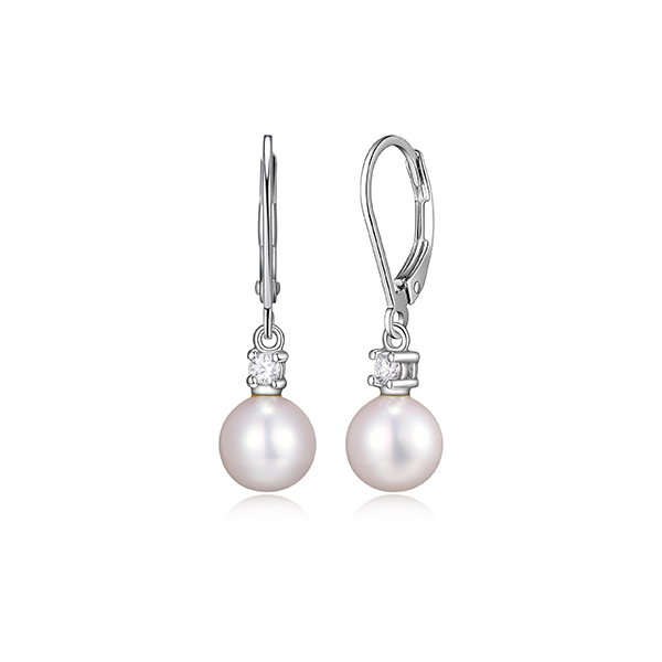Diamondlite Cubic Zirconia and Genuine 8mm Round Pearl Drop Leverback Earrings in Sterling Silver - Silver