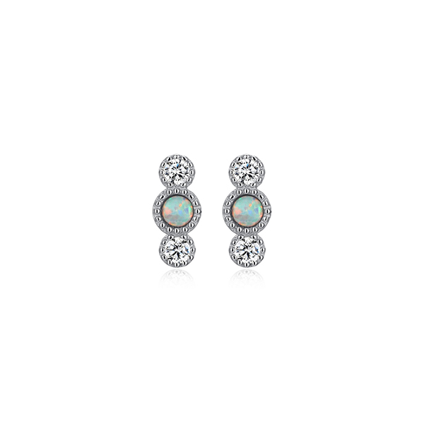 Diamondlite Cubic Zirconia and 3mm Round Created Opal Delicate Bezel 3-stone Stud Earrings - Silver