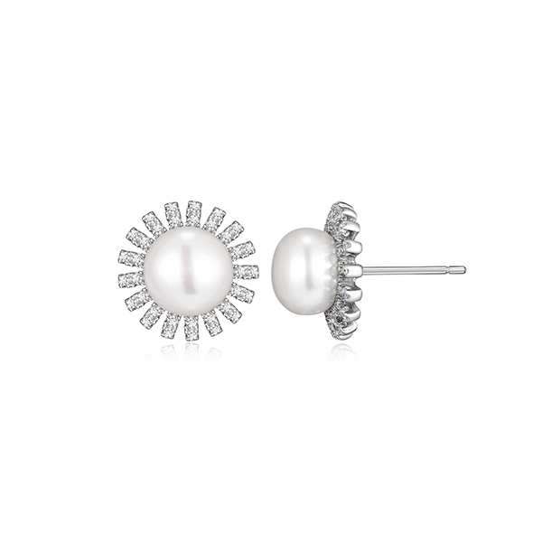Diamondlite Cubic Zirconia and Genuine 8mm Round Embellished Pearl Stud Earrings in Sterling Silver - Silver