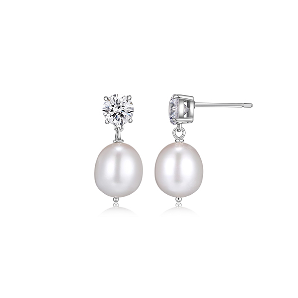 Diamondlite Cubic Zirconia 6mm and 11x9mm Genuine Oval Pearl Drop Earrings in Sterling Silver -  Silver