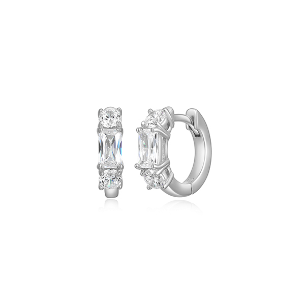 Diamondlite Cubic Zirconia Emerald and Round 13mm Round Huggie Hoop Earrings - Silver