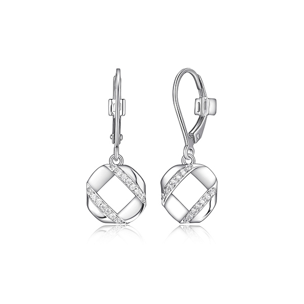 ER2LCHV-W "Lattice" Sterling Silver Hexagon and Pave Cubic Zirconia Dangle Earrings