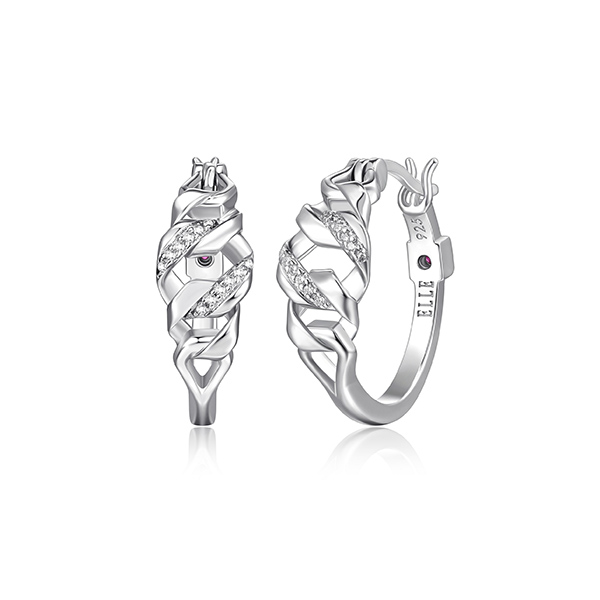 ER2LCHW-W "Lattice" Sterling Silver Hexagon Link and Pave Cubic Zirconia Hoop Earrings