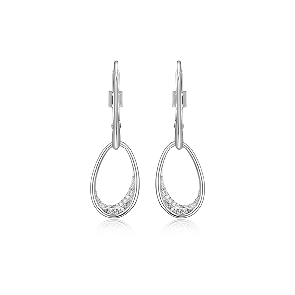 ER2LCJ5-W "Lake Mirror" Sterling Silver Oviform Pave Cubic Zirconia Dangle Earrings