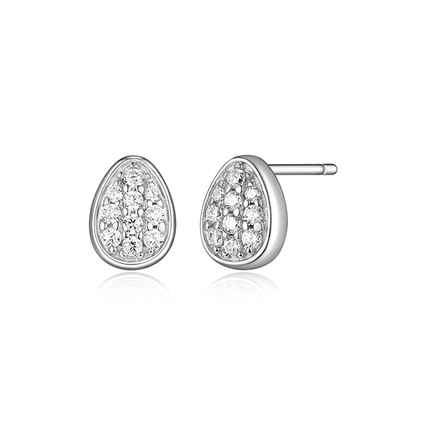 ER2LCJ7-W "Lake Mirror" Sterling Silver Oviform Pave Cubic Zirconia Stud Earrings