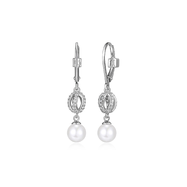 ER2LCQJ-W "Luna" Sterling Silver White Pearl and Cubic Zirconia Dangle Lever Back Earrings