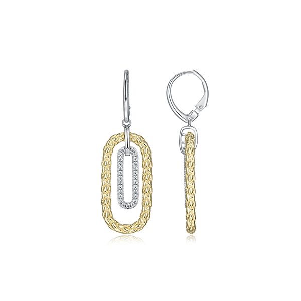 ER2Q0EM-2T Sterling Silver "Paperclip" Link with CZ Leverback Earrings
