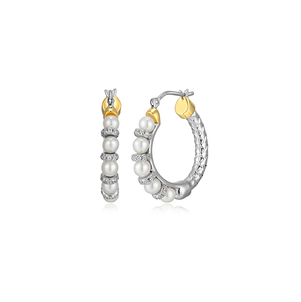 ER2Q0FH-2T Sterling Silver "New Mesh" Genuine Pearl & CZ Hoop Earrings