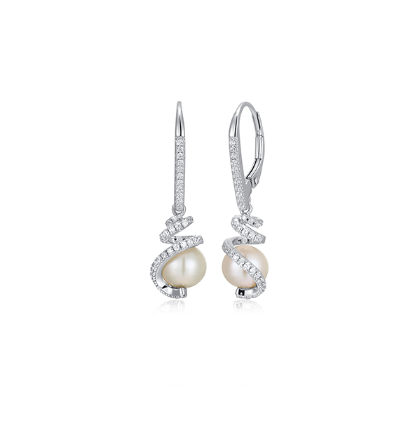 ER2Q0GC-W Sterling Silver "New Mesh" Genuine Pearl & CZ Lever Back Drop Earrings