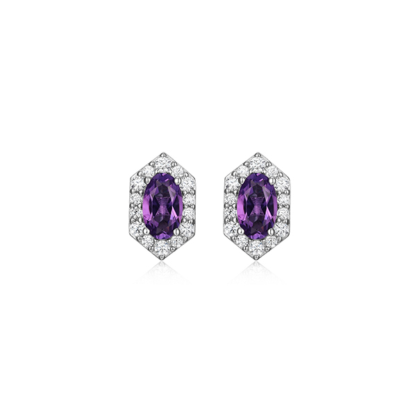 ER2Q0HP-W Sterling Silver "Prism" Genuine Amethyst & CZ Stud Earrings