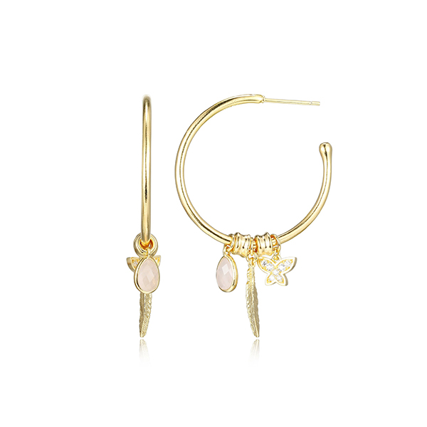 Poetic Collection 30mm Diamondlite Cubic Zirconia Butterfly Rose Quartz and Feather Charm Earrings - Gold