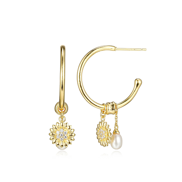 Poetic Collection 22mm Diamondlite Cubic Zirconia and Genuine Pearl Flower Medallion Charm Earrings - Gold
