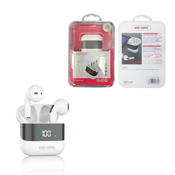 Premium TWS Bluetooth Wireless Earbuds with LED Battery Display & Stereo Sound Quality KIBT008 for Universal Cell Phone And Bluetooth Device - White