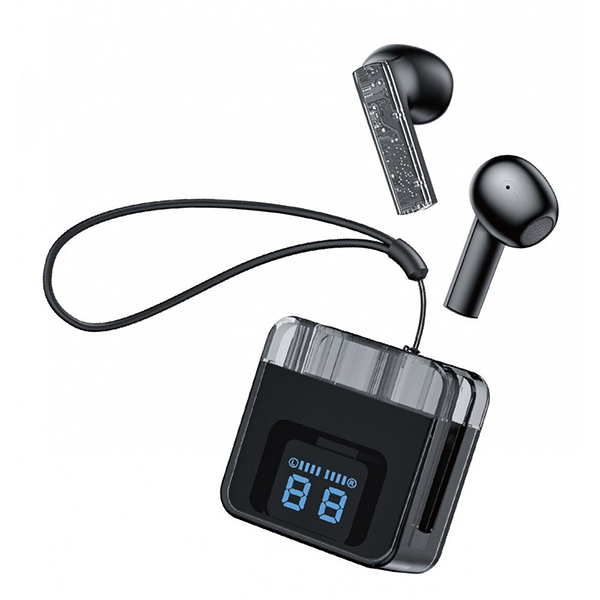 Transparent Design Noise Reduction Semi-In-Ear Wireless Earphones With Digital Battery Display and Carrying Strap KIF08 for Universal Cell Phone And Bluetooth Device - Black