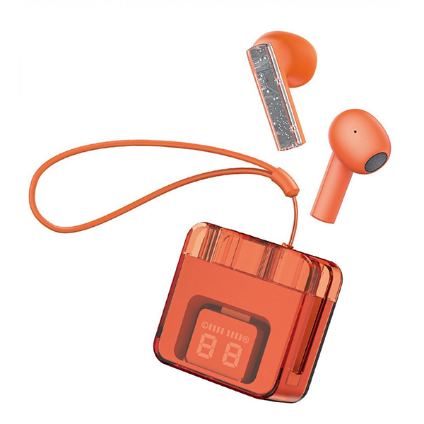 Transparent Design Noise Reduction Semi-In-Ear Wireless Earphones With Digital Battery Display and Carrying Strap KIF08 for Universal Cell Phone And Bluetooth Device - Orange