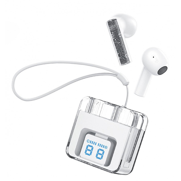 Transparent Design Noise Reduction Semi-In-Ear Wireless Earphones With Digital Battery Display and Carrying Strap KIF08 for Universal Cell Phone And Bluetooth Device - White