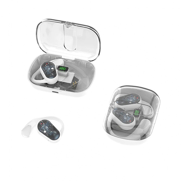 Open-Ear Hook Design Bluetooth Headset - Transparent, Modern Sleek Look with Intelligent Display KIOWS80 for Universal Cell Phone And Bluetooth Device - White