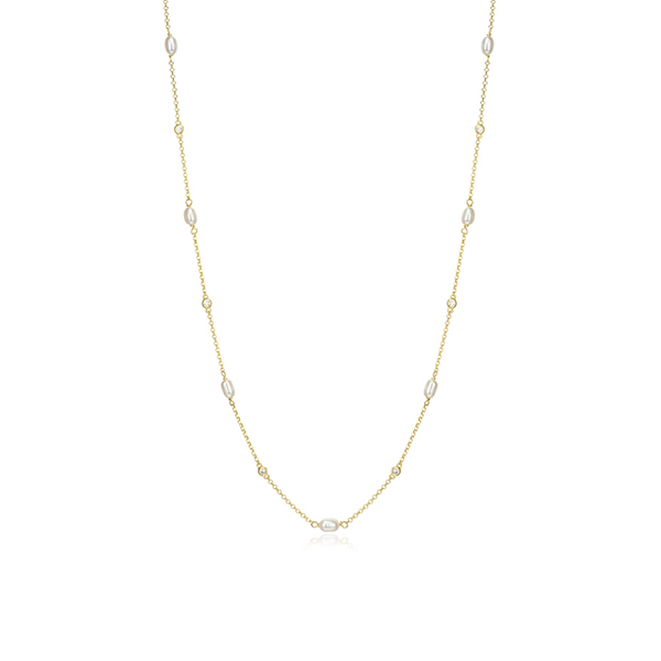 Diamondlite Cubic Zirconia and Genuine Pearl Adjustable Station Necklace - Gold