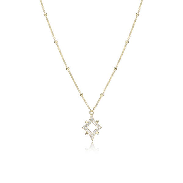 N30LBQ2-Y "Stellar" Sterling Silver Gold Plated Rhombus with Pave Cubic Zirconia Necklace with Bead Chain