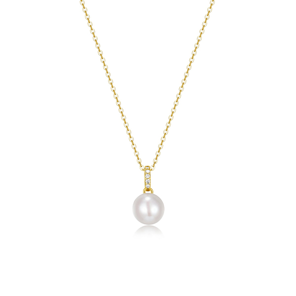 Diamondlite Cubic Zirconia 8.5mm Round Pearl Solitaire Necklace in Sterling Silver - Gold