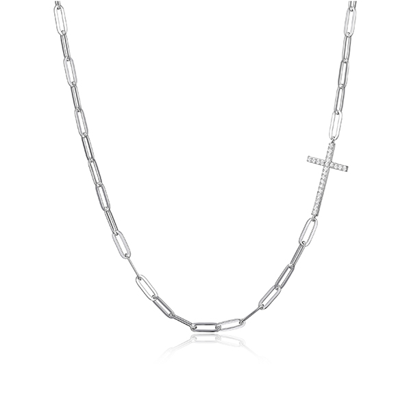 NCGR0Q071-W Sterling Silver "PAPERCLIP" 3.5mm Link Side Way Cross with CZ Necklace