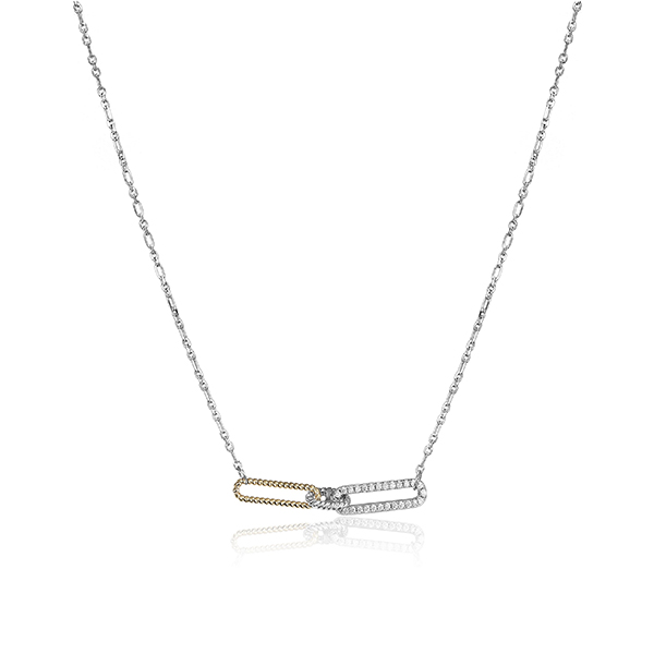 NCGR0Q084-2T Sterling Silver "PAPERCLIP" Rope and CZ Link with Cable Chain Necklace