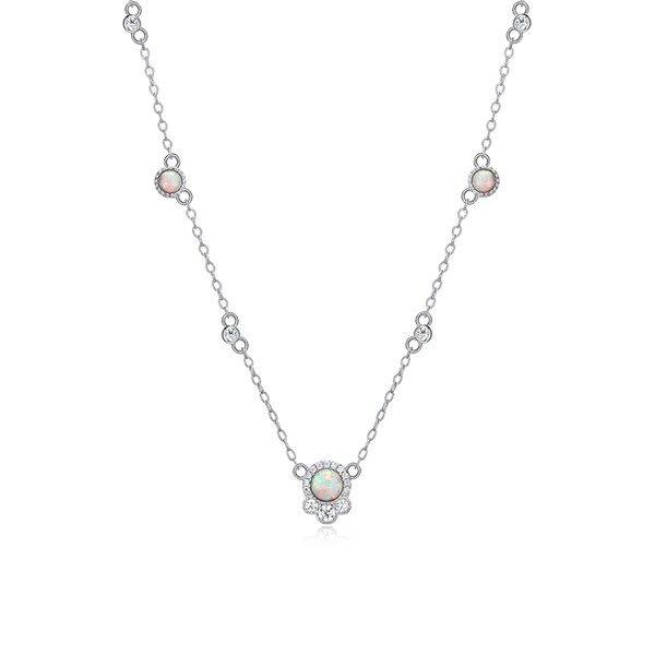 Diamondlite Cubic Zirconia and 4mm Round Created Opal Station Necklace - Silver