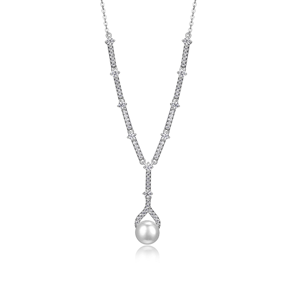 Diamondlite Cubic Zirconia 8mm Round Genuine Pearl Y-necklace - Silver