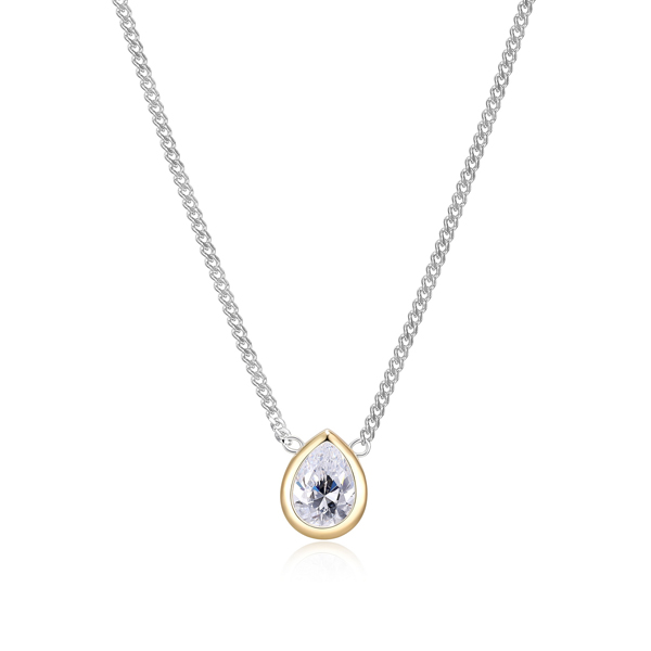 Diamondlite Cubic Zirconia Pear Bezel Solitaire Curb Chain Necklace - Silver and Gold