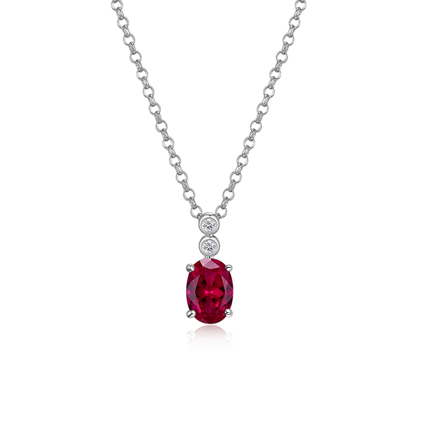 NR0LBN60-W "Holiday Stars" Oval Created Ruby and Lab Grown Diamond Solitaire Necklace