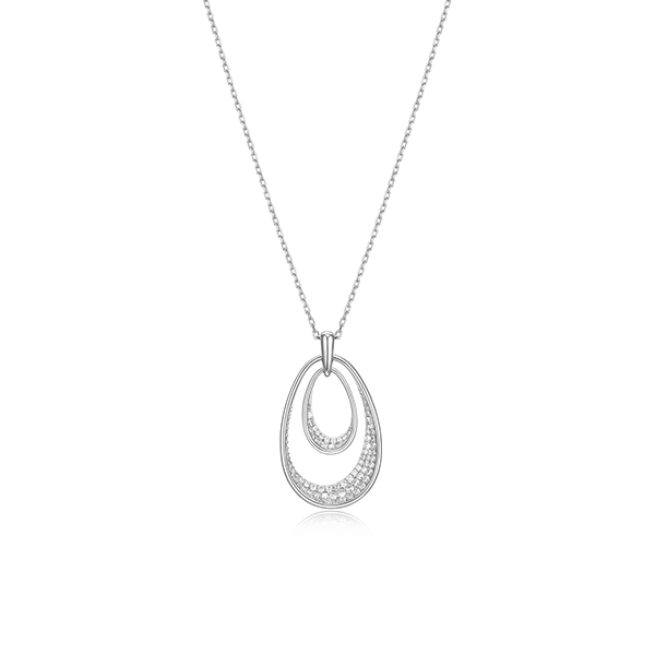 NR0LBPM-W "Lake Mirror" Sterling Silver Double Oviform Cubic Zirconia Necklace