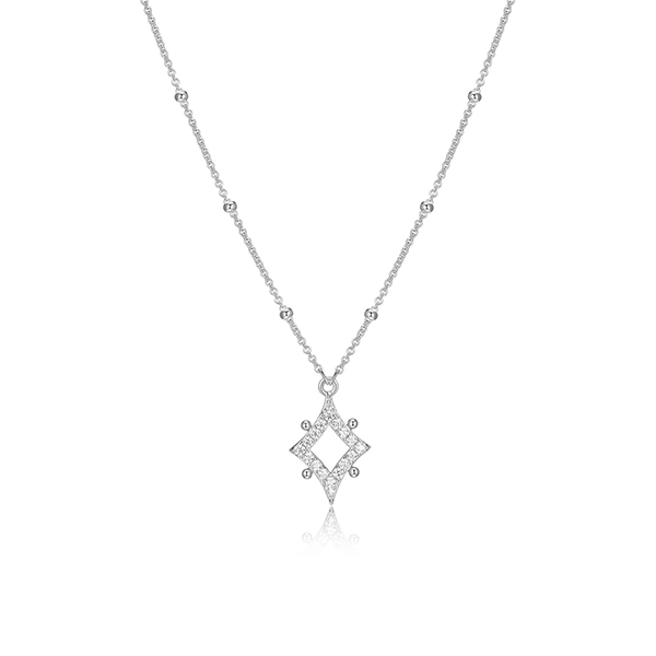 NR0LBQ2-W "Stellar" Sterling Silver Rhodium Plated Rhombus with Pave Cubic Zirconia Necklace with Bead Chain
