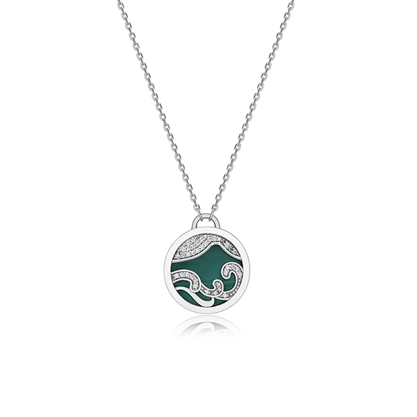 NR0LBS8-G "Protect Earth" Malachite and Pave Cubic Zirconia Mountain Motif Necklace