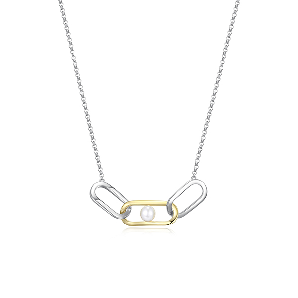 NR0LBUV-2T "Parallel" Sterling Silver Open Oblong Link with White Pearl Necklace