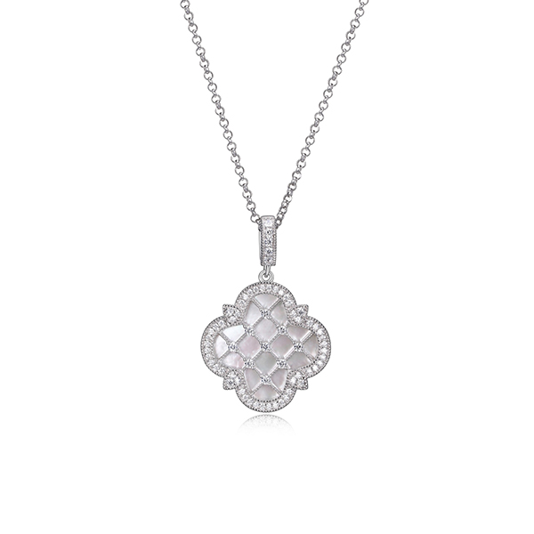 NR0Q068-W Sterling Silver "Bliss" White Mother of Pearl with CZ Clover Necklace