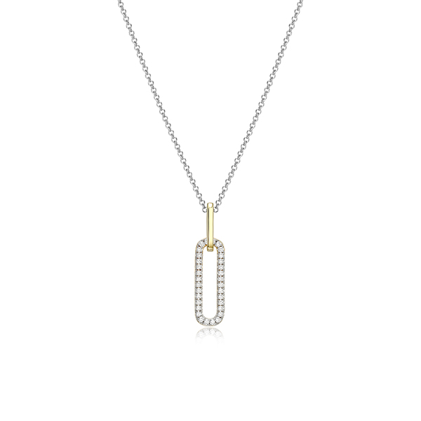 NR0Q08F-2T Sterling Silver "Paperclip" Oval Link Pendant with CZ Necklace
