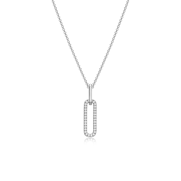 NR0Q08F-W Sterling Silver "Paperclip" Oval Link Pendant with CZ Necklace