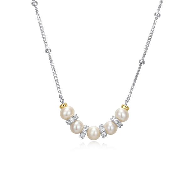 NR0Q0DM-2T Sterling Silver "New Mesh" Genuine Pearl & CZ Necklace