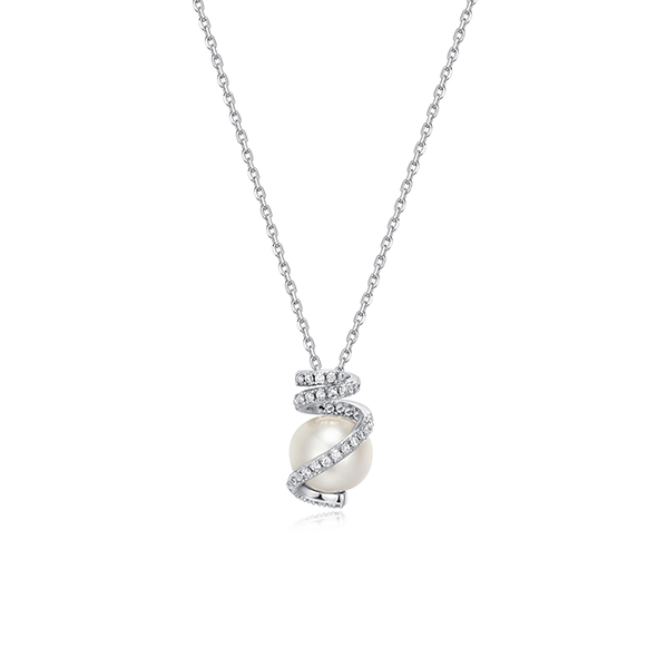 NR0Q0E5-W Sterling Silver "New Mesh" Genuine Pearl & CZ Necklace