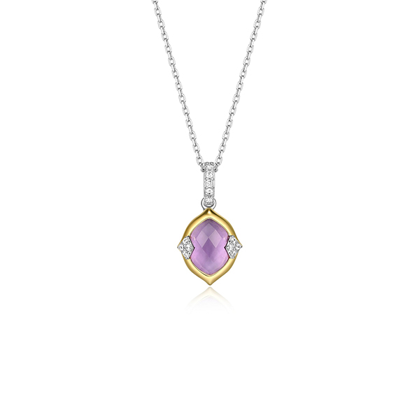 NR0Q0F4-2T Sterling Silver "Prism" Genuine Amethyst & CZ Necklace
