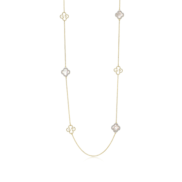 NS0Q0BG-Y Sterling Silver "Bliss" Mother of Pearl with CZ Clover Station Long Necklace
