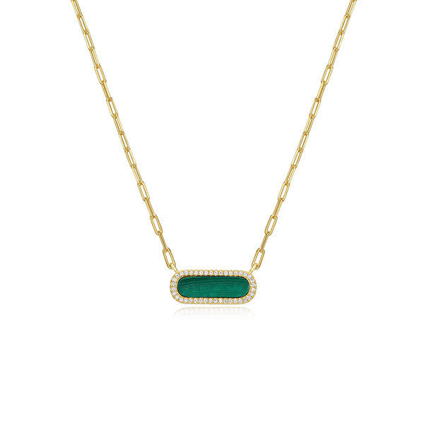 NS0Q0CV-Y Sterling Silver "Paperclip" Malachite with Diamondlite Necklace