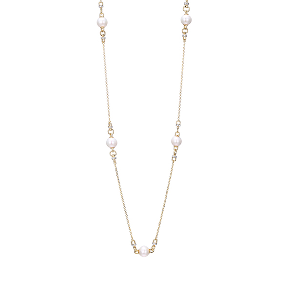 NS0Q0D3-2T Sterling Silver "Venus" Genuine White Pearl with CZ Station Necklace